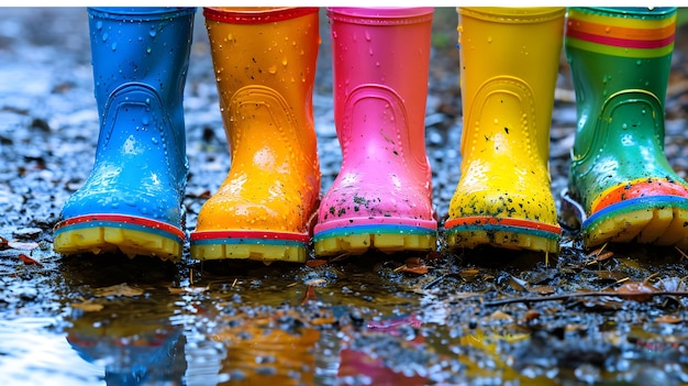 사진 kids rubber boots in the rain (비가 오는 동안 어린이의 고무 부츠)
