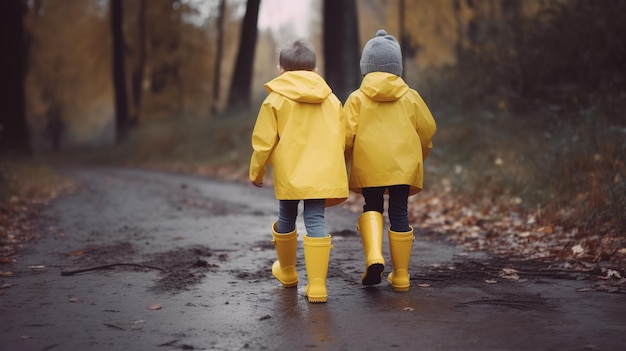 Kids in rubber boots walking in the park Generative ai