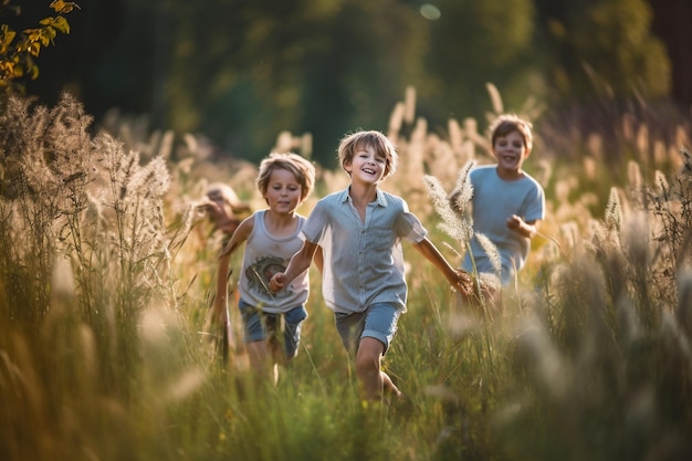 Летом дети бегут по полю высокой травы с распростертыми руками