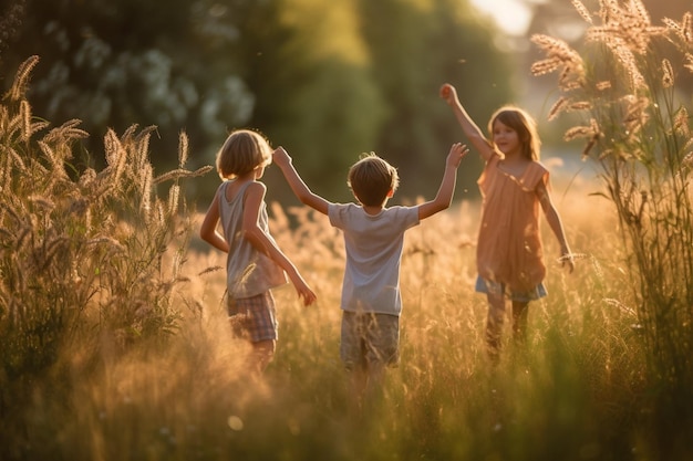 Kids running through a field of tall grass with their arms outstretched summer