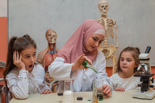 Kids scientists with a female Muslim teacher doing chemistry science experiments in the school lab.