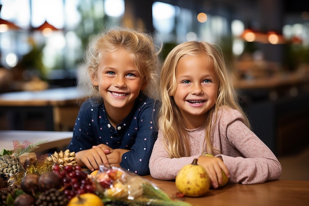 Kids seated at tables enjoying their fruits and snacks