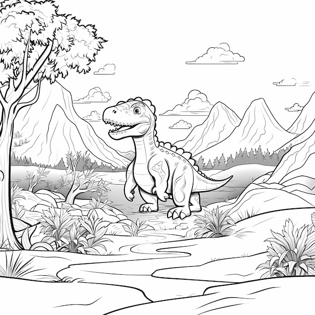 kids simple dinosaur coloring book page no color add trees