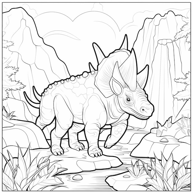 kids simple Triceratops dinosaur coloring book page