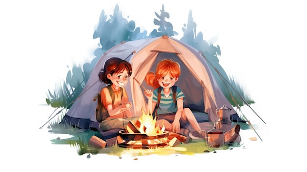 Kids sit around a campfire in the wood Children sit on logs at a campsite around a fire