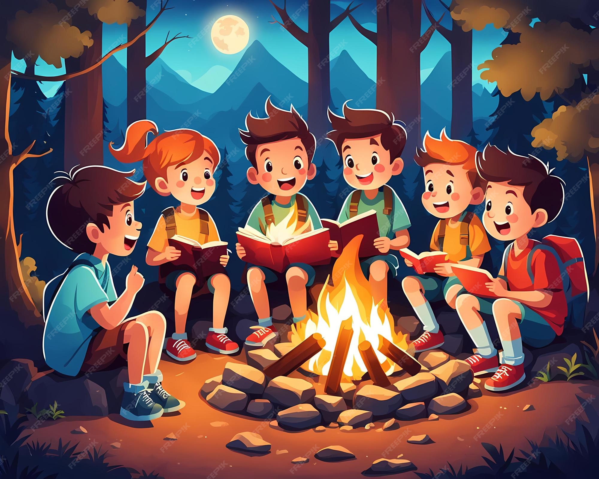 Premium AI Image Kids Sitting Around Campfire Cartoon AI Generated pin-on-party-ideas