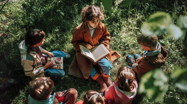 草の上に座って本を読んでいる子供たち彼らは皆カジュアルな服を着て幸せでリラックスしたように見えます