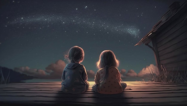 Kids sitting on roof at night Generative Ai