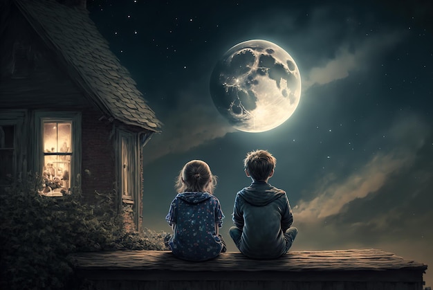 Kids sitting on roof at night little boy and girl looks at moon in sky generative AI