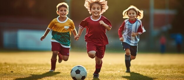 Фото Детский футбол маленькие дети играют на футбольном поле