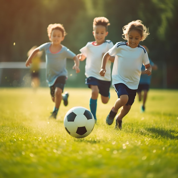 Photo kids soccer football young children players match on soccer field banner