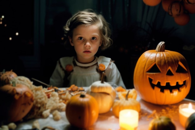 Kids at spooky halloween costumes on holiday with face scary mask and baskets for sweets Children on all hallows eve go from house to house and beg for sweets trick or treat generated AI
