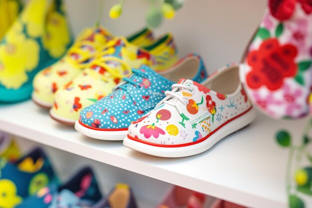 Kids summer shoes with fun patterns on shelf