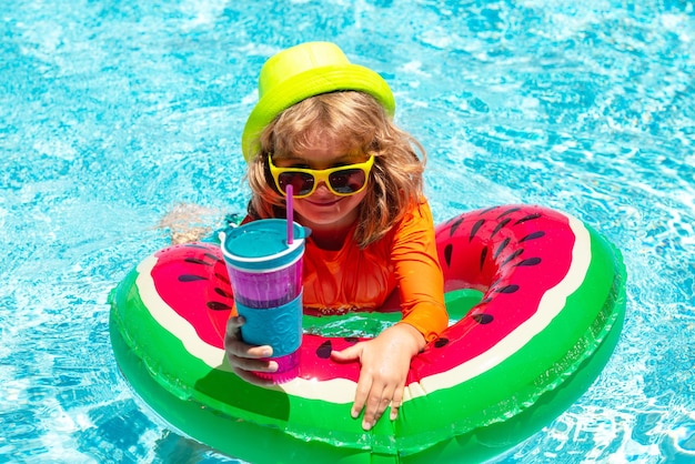 Kids summer vacation swimming and relax summer vacation fun cute kid in swimming pool