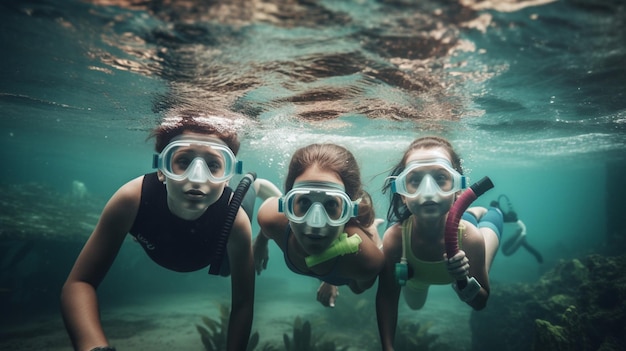 Photo kids swimming under the water with snorkeling equipment