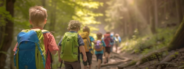 Foto bambini che fanno un'escursione in natura attraverso una foresta lussureggiante esplorando la bellezza dell'ambiente naturale