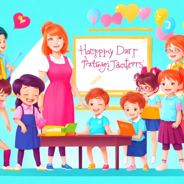 kids and teacher celebrating Teacher's day