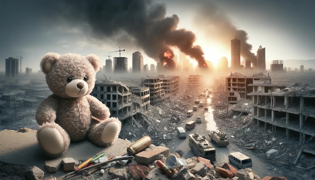 kids teddy bear toy over a city showing the destruction from the aftermath of a war conflict