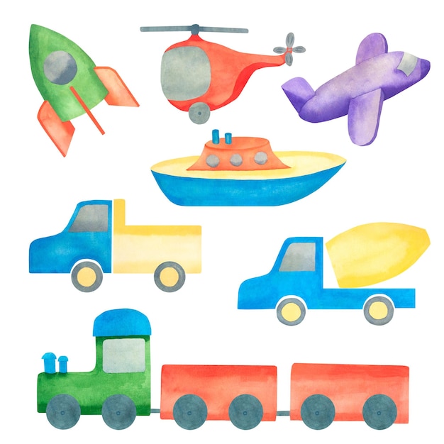 Kids toys watercolor illustration of transport rocket boat plane helicopter concrete mixer truck and