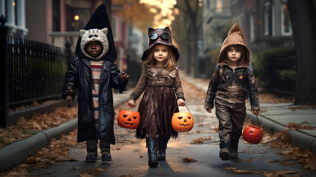 Kids trick or treat in Halloween costumes Happy Halloween Concept Generative Ai