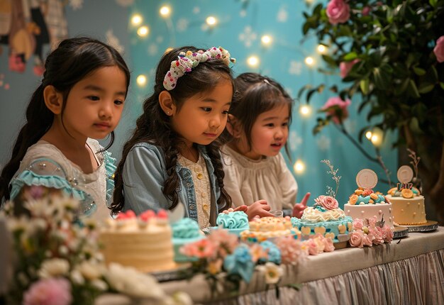 Фото Дети веселятся за столом с тортами