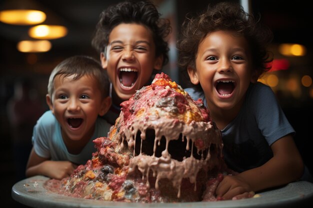 Foto i bambini si divertono e si divertono intorno alla torta