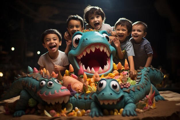 Foto i bambini si divertono e si divertono intorno alla torta