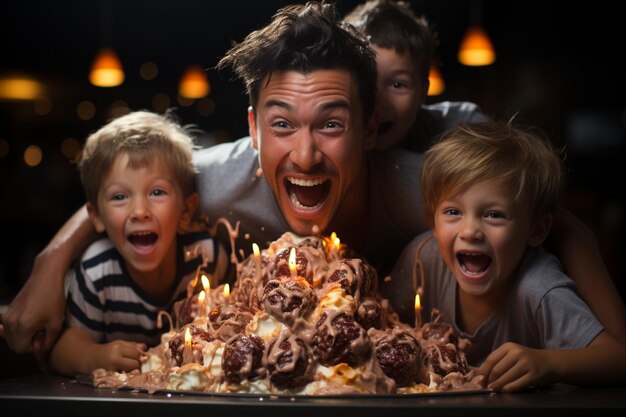 Foto i bambini si divertono e si divertono intorno alla torta