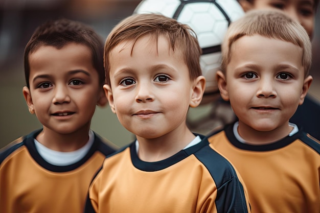 Kids voetballer portretteamwork en groepsdiversiteit met een glimlach