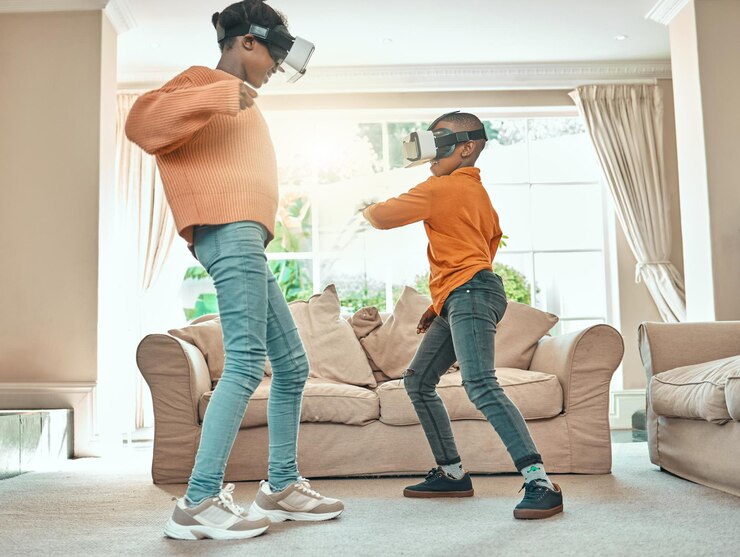 फोटो kids vr and gaming play in home interactive and online user for augmented reality or fantasy siblings children and glasses for futuristic entertainment streaming experience and virtual simulator