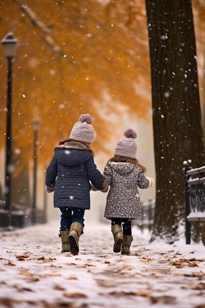 Photo kids walk in the park with first snow