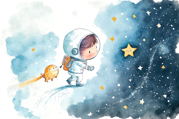 Детские обои с маленьким парнем в космосе