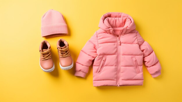 Photo kids warm puffer jacket with yellow hat and boots