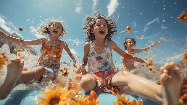 Photo kids in a water slide at aqua park for summer vacation generative ai