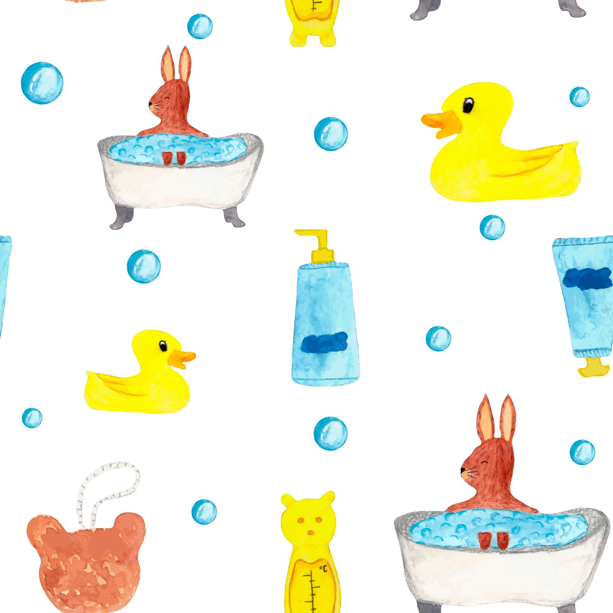 Seamless pattern with bath accessories - shampoo, rubber duck