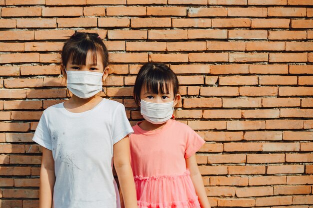 Kids wearing face mask for protect them self from virus and reduce spread of the coronavirus covid 19 outbreak