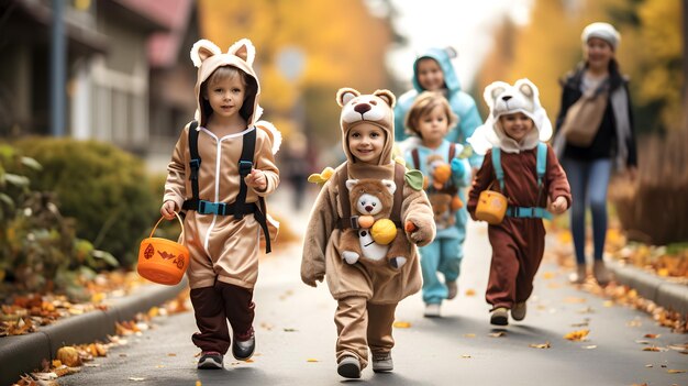 Photo kids wearing halloween costumes and enjoying trick or treat