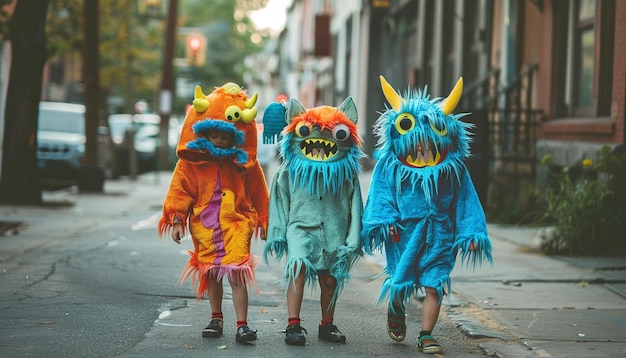 Фото Дети в костюмах монстров ходят по городу.