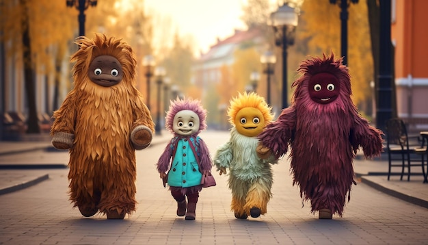 Photo kids wearing monsters costumes walking in town tricks