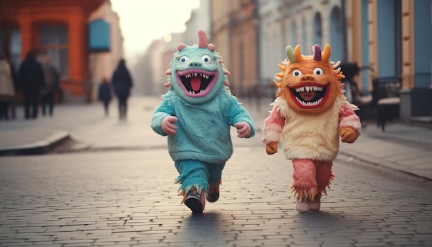 Kids Wearing Monsters Costumes Walking In Town Tricks