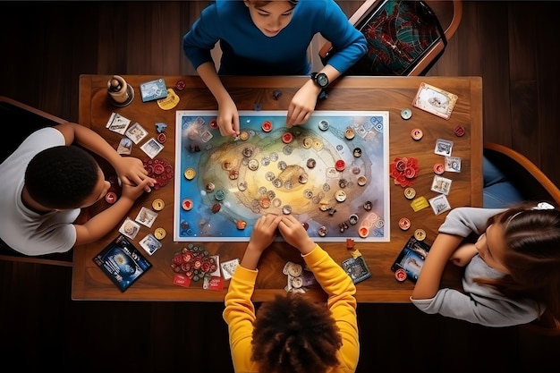 Photo kids who are friends from different ethinics playing a white board game with cards and a board