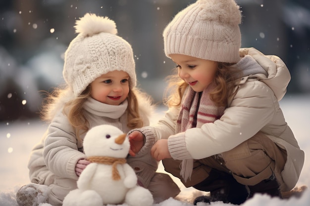 Дети зимние каникулы зимнее беззаботное детство счастливое время веселье в снегу катание на санях скульптура снежного человека игра в природе радость и веселье дети проводят время вместе