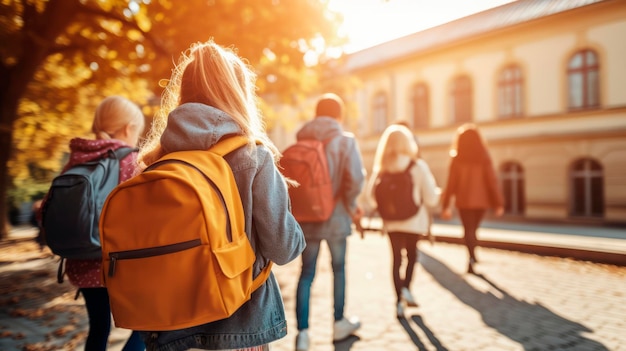 Kids with backpacks on schoolyard