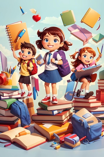 Kids with School Things cartoon