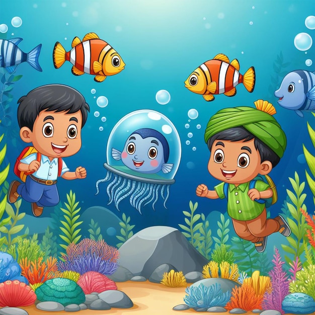 Kids with sea creation underwater with fish Cartoon illustration for school story book