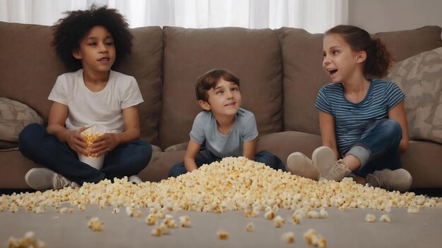 Kids with spilled popcorn on couch