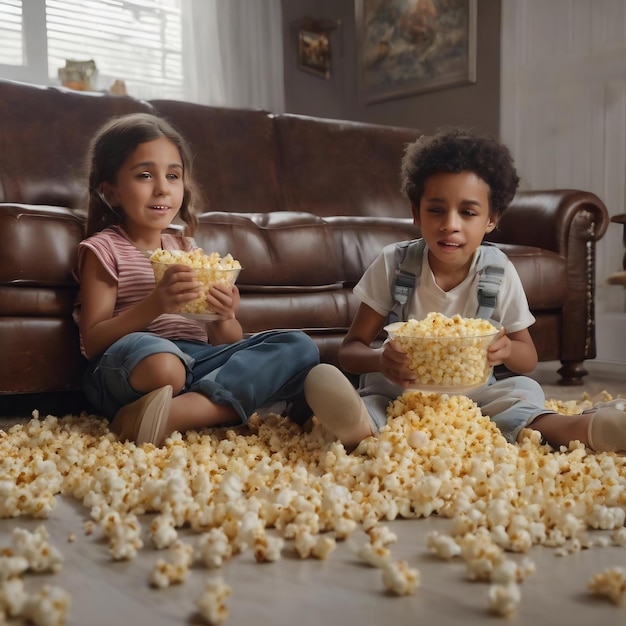 Дети с пролитым попкорном на диване