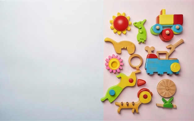 Kids wooden toys on pastels color background Copy space