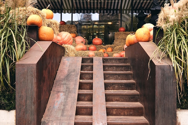 Kiev, Oekraïne - 20 oktober 2020. Decoratieve pompoenen op de boerderijmarkt staan op hooischoven. Thanksgiving-vakantieseizoen en Halloween Scary-decoraties met zwarte heksen. Truc of traktatie voor kinderen.