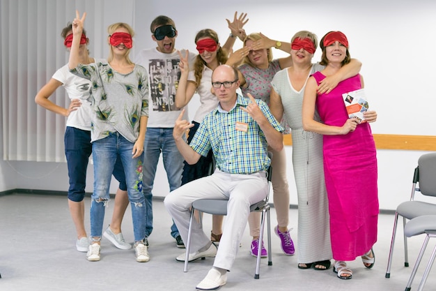 Kiev Ukraine 23 July 2018 A group of people on psychological training with closed eyes